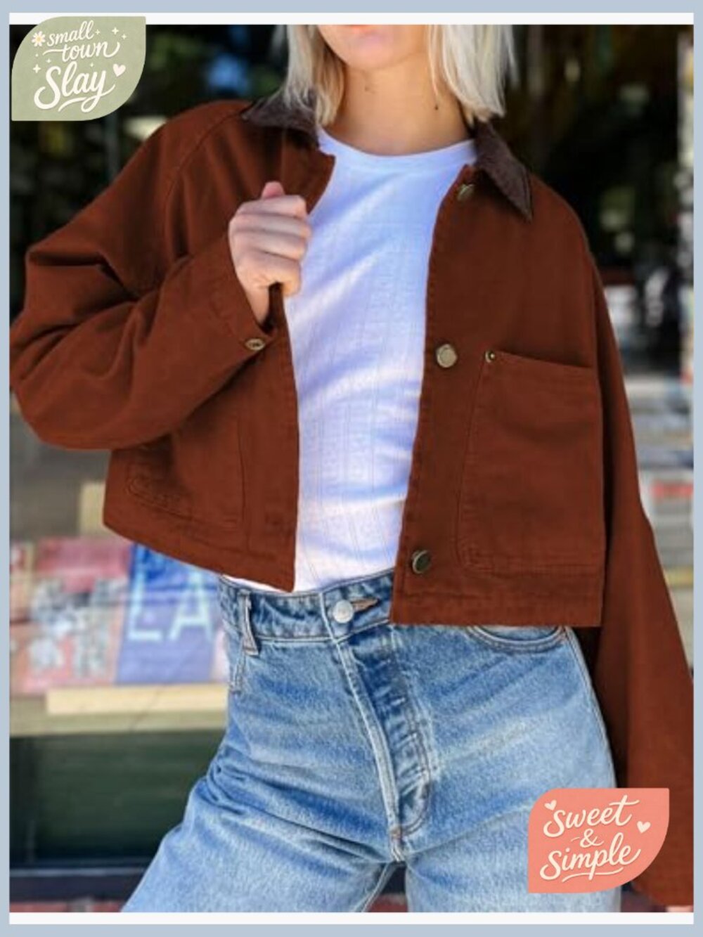 Women's Cropped Corduroy Collar Barn Jacket Button Down Long Sleeve - Picture 2 of 7
